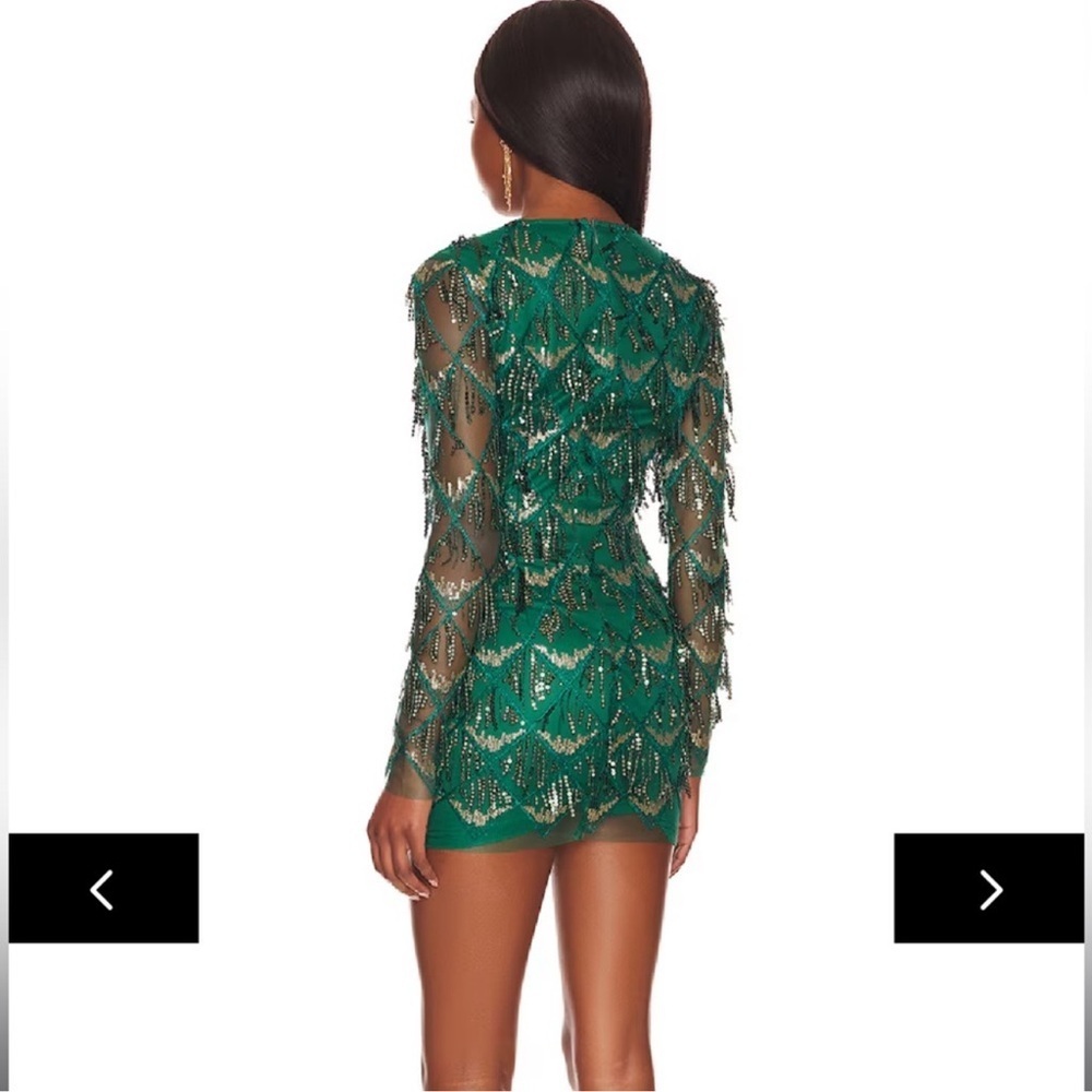 Superdown Nia Sequin Fringe Dress Dark Green Deep V Neck XXS Revolve - Picture 7 of 8